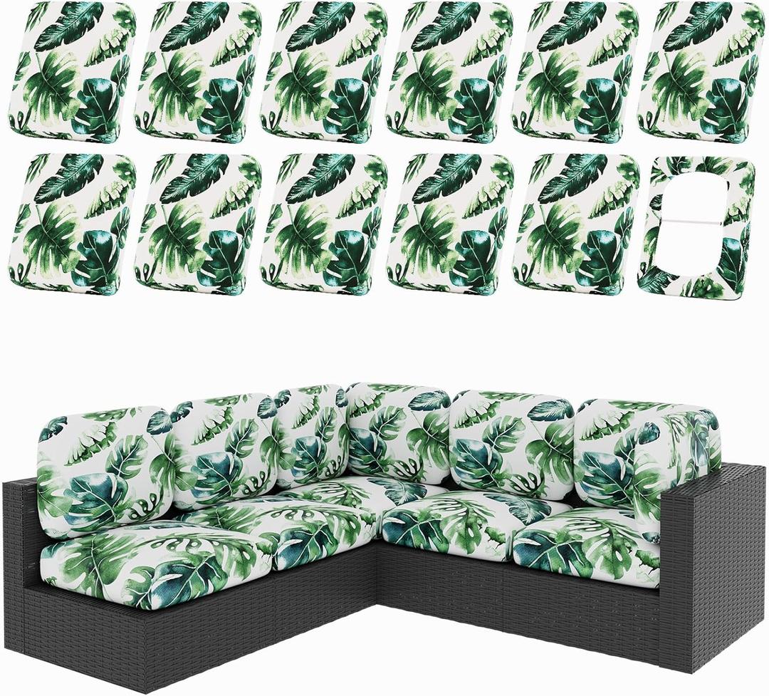 hyha 12Pcs Patio Cushion Covers, Stretch Outdoor Couch Cushion Covers, Washable Outdoor Chair/Sofa Slipcovers for Patio Furniture Cushions Protector with Elastic Bottom(Monstera Deliciosa,Cover Only)