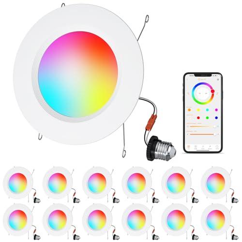 HYDONG Smart LED Can Lights,12Pack Retrofit LED Recessed Lighting 5/6inch,13W 1050LM RGB Color Changing Downlight,Compatible with Alexa,Bluetooth APP Control,for Bedroom Kitchen Living Room