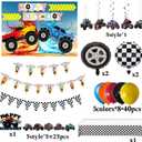 Monster Truck Party Supplies Set, Decorations with Banner, Hanging Swirls, Backdrop, Table Cloth, Balloons, Cake Toppers
