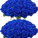 Wondrus Bulk Artificial Flowers 50 PCS, Fake Velvet Silk Blue Roses with Long Stems Realistic Bouquet for Wedding Centerpieces, Faux Arrangement for Home Table Decor