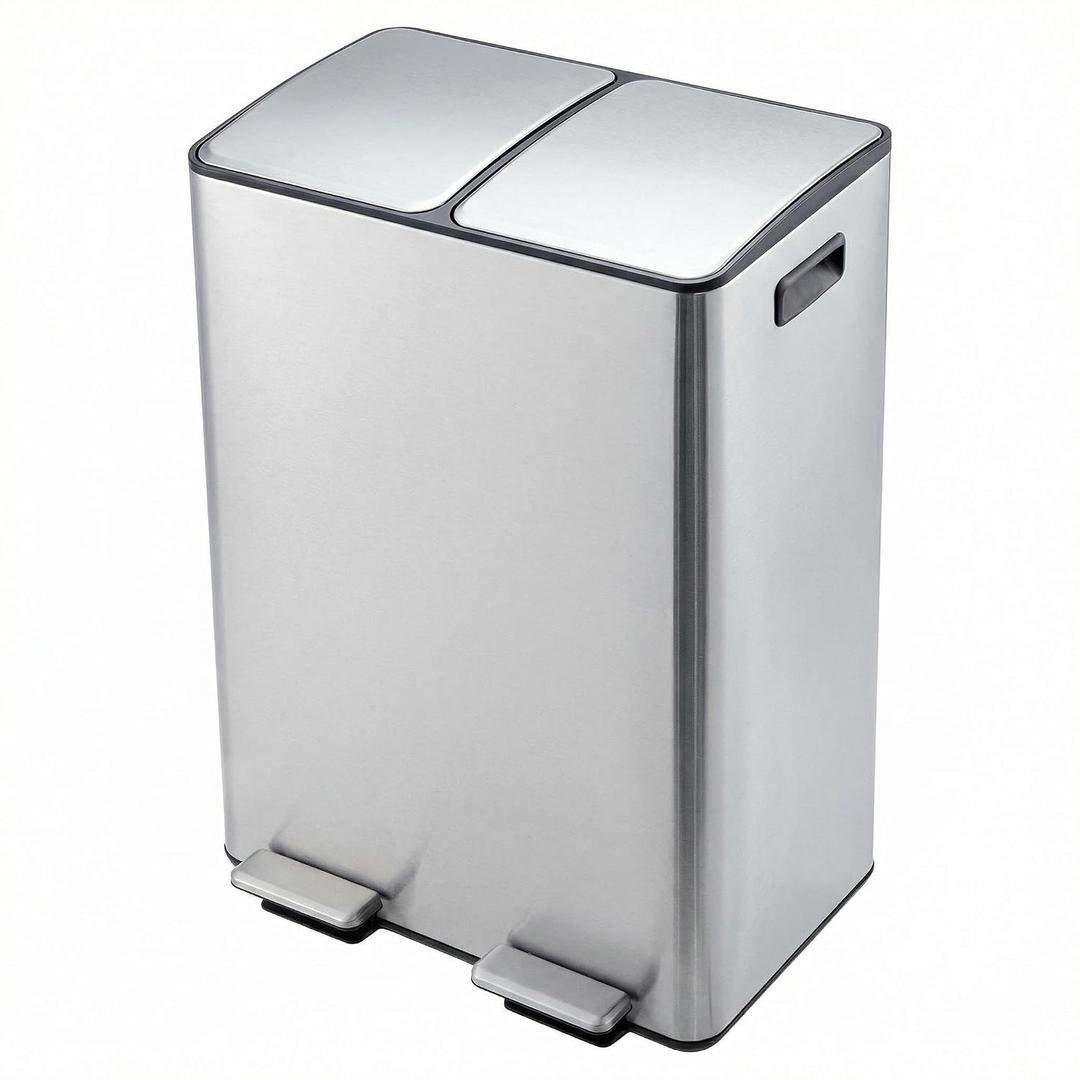 Garvee 16 Gal Dual Compartments Kitchen Trash Can, Stainless Steel, Silver
2 x 30L Double Trash and Recycle Bin Combo, Removable Inner Bucket, Soft Close Lids, Metal Step Pedals, for Home Office
