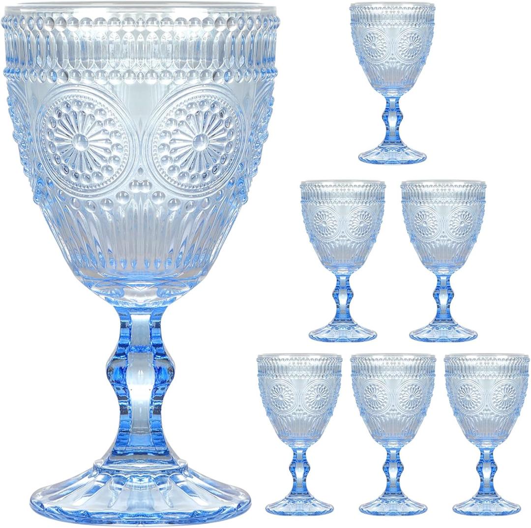Vintage Wine Glasses Set of 6, 10 oz Glass Goblets Wine Glassware, Romantic Wedding Glass Set, Drinking Stemware Beverage Cups for Wedding Party Bar, Embossed Design, Blue