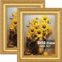 Splinterix 8x10 Gold Picture Frame Set of 2, Ornate Vintage 8 x 10 Photo Frame for Wall Decor or Tabletop Display, 8x10 Gold Frames with Real Glass, Display 5x7 Pictures with Mat or 8x 10 without Mat for Antique Dco