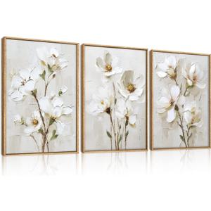 FWIEXA 3D Beige White Floral Canvas Wall Art,Neutral Flower Framed Wall Art Texture,Modern Abstract Botanical Paintings,16x24In Watercolor Minimalist Wildflower Artwork Magnolia Painting for Living Room,Bedroom,Office