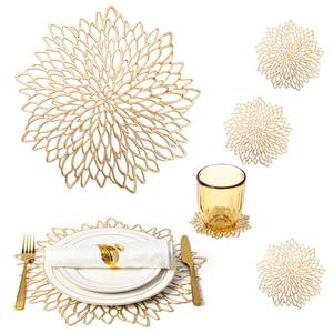 Gold Placemats Set of 8 Table Mats Gold Charger Plates Place Mats & 8 Pcs Coasters Wipeable Modern Holiday Round Placemats for Christmas Thanksgiving Farmhouse Wedding Dining Table Setting Decor