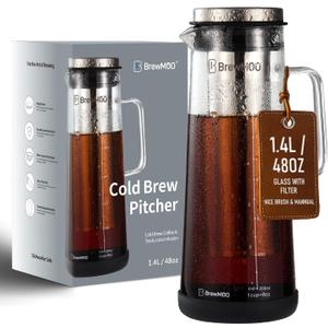 BrewMOO- Airtight Cold Brew Coffee Maker Pitcher, 1.4L/48Oz Thick Glass Carafe with Filter, Comfort Sturdy Handle & Wide Spout, Non-Slip Base | Iced Tea Maker (Black)