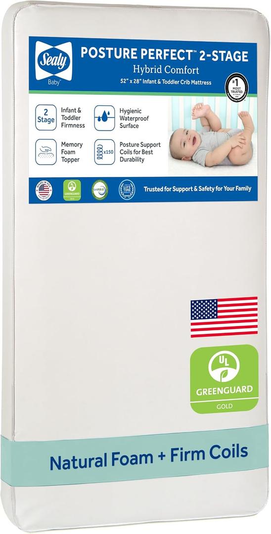 Sealy Baby Posture Perfect Breathable Crib Mattress, GREENGUARD Gold Certified, Made in USA, 2 Stage Hybrid Memory Foam & 150 Premium Coils, Toddler Bed Fit, Safety & Quality Tested, 52x28", Mattress Only
