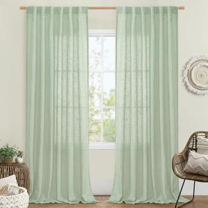 LAMIT Linen Curtains for Living Room 84 inch Length 2 Panels, Light Filtering Semi Sheer Panels Back Tab and Rod Pocket Farmhouse Drapes for Bedroom/Sliding Glass Door, Fresh Green, 52 x 84 Inch
