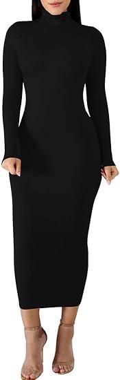Women's Sexy Basic Long Sleeve Turtleneck Bodycon Party Long Pencil Dress, L Black