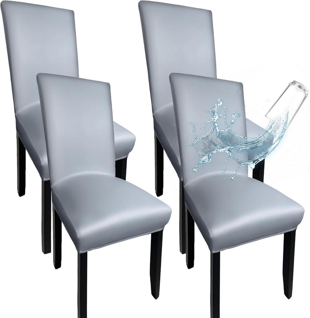 Gray Leather Chair Covers for Dining Chairs Set of 4, Faux Leather Dining Chair Covers Removable Wipeable Parson Chair Covers Leather, Stretch Waterproof Chair Seat Covers for Dining Chairs