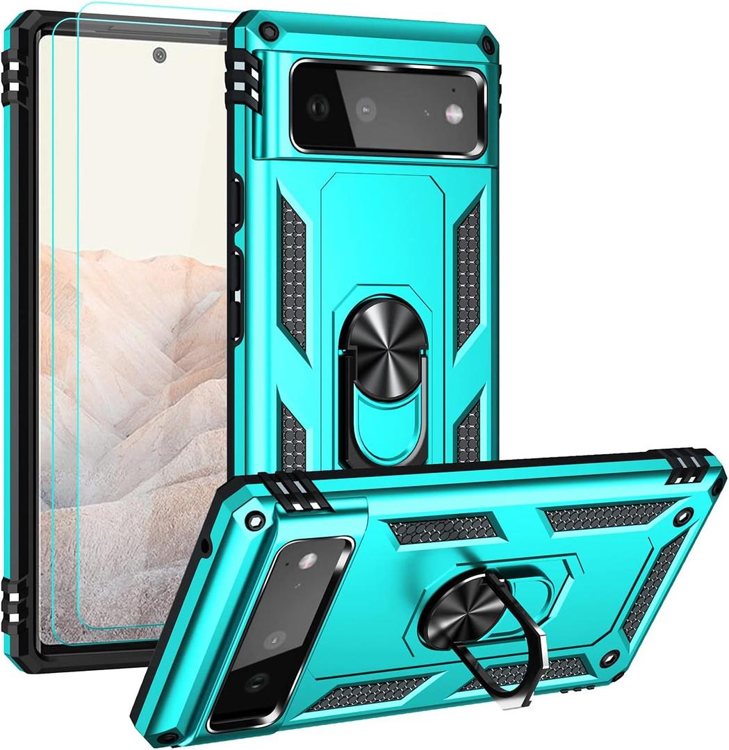 Androgate Designed for Google Pixel 6 Case with HD Screen Protectors, Military-Grade Metal Ring Holder Kickstand 15ft Drop Tested Shockproof Cover Case for Pixel 6 Teal