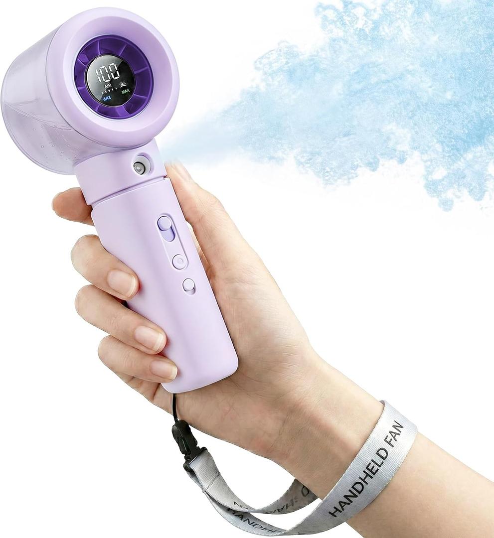 Handheld Portable Fan with Misting, Safety Lock, High Speed & LED Display - Personal Fans Portable Rechargeable, 20000 RPM Turbo Mini Fan for Travel, Outdoor, Home, Office (Purple)