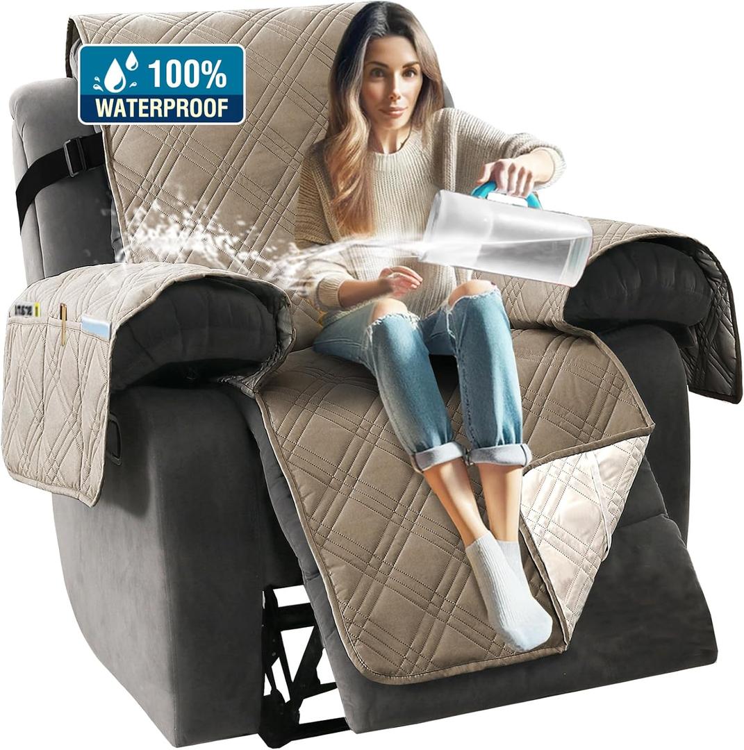 H.VERSAILTEX 100% Waterproof Cover for Recliner Chair 1-Piece Reversible Recliner Covers for Large Recliner with Elastic Straps Sitting Width Up to 28" (Oversized Recliner, Taupe/Beige)