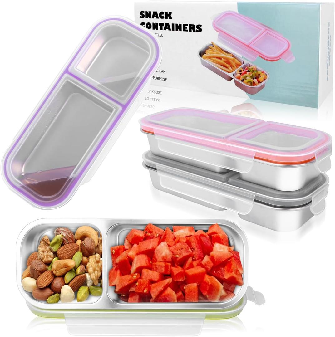 4 Pack Stainless Steel Lunch Containers for Adults, 304Grade, 2Compartments Snack Container & Lunch Box with Lids, Reusable Snapon Lid Snack Containers Set, Meal Prep Lunch Box (24 oz / 700ml)