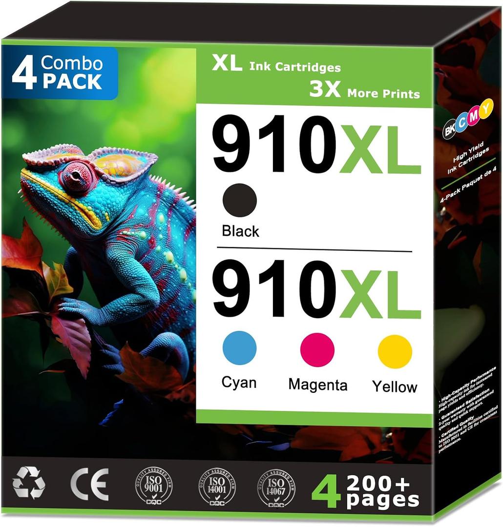 910XL Ink Cartridges Compatible With HP 910 Ink Combo Pack Work with OfficeJet Pro 8020 8025 8035 8015e 8028e 8010 8010e 8022 8022e Printer High Yield 910 Black 910 Color, with V19.7.1 Chip (4 Pack)