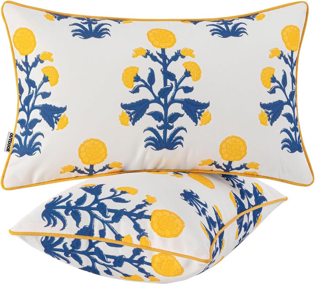 MIULEE Decorative Floral Outdoor Lumbar Pillow Covers with Inserts Set of 2 12x20,Waterproof Vintage Fade Resistant Patio Throw Pillows with Piping for Spring Summer Garden Couch Sofa,Blue and Yellow