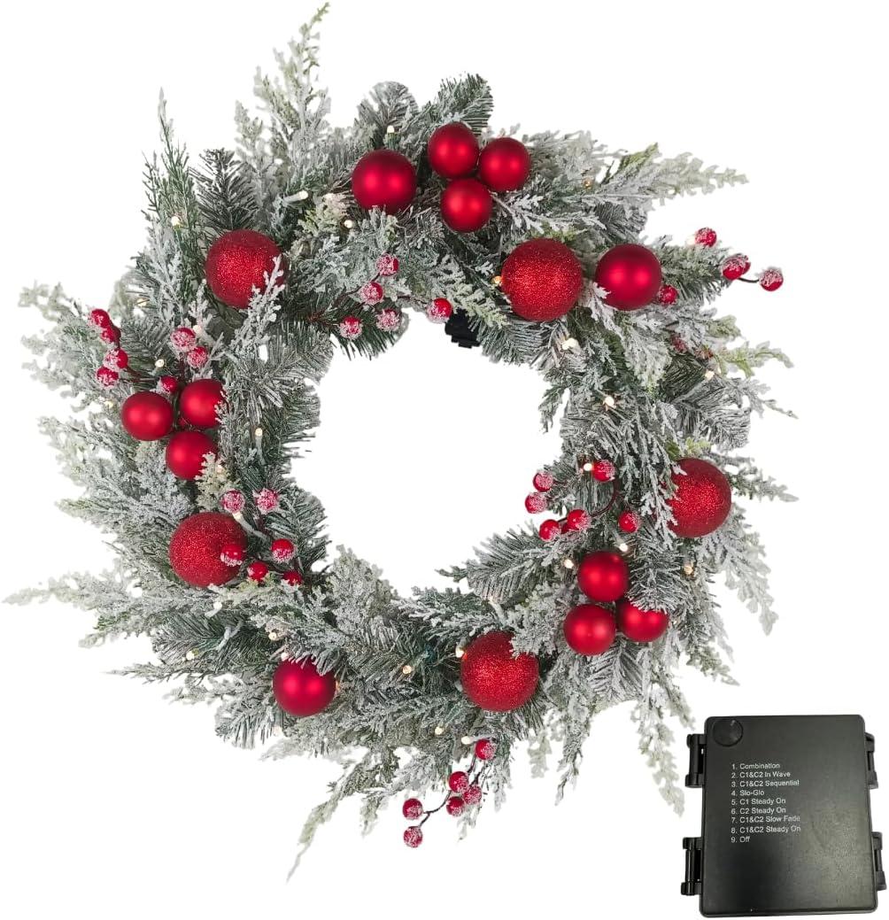 24-Inch Christmas Wreath with Classic red Baubles, Snow Flock, 50 Color-Changing LED Lights, Timer, Battery Operated, Indoor Outdoor Holiday Decor