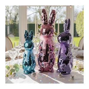 Lanpn 3PCS Mosaic Glass Bunny Easter Decorations, Decorative Disco Rabbit Sculptures for Easter Centerpieces, Spring Tabletop & Shelf Decor, Home Decoration Seasonal Gift (Pink, Purple, Blue)