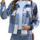 HWOKEFEIYU Fall Flannels for Women Cropped Shacket Jacket Plaid Long Sleeve Button Down Shirt 2025 Coat Tops (Small, Blue)