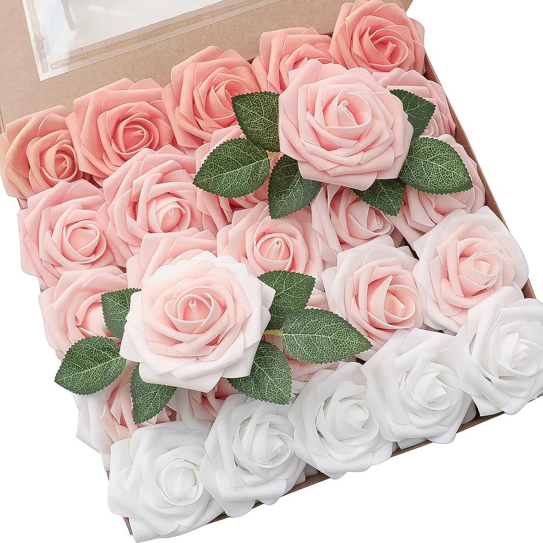 Floroom Artificial Flowers 25pcs Real Looking Blush Ombre Colors Foam Fake Roses with Stems for DIY Wedding Bouquets Bridal Shower Pink Centerpieces Floral Arrangements Party Tables Home Decorations (25pcs Regular 3", Shades of Blush)