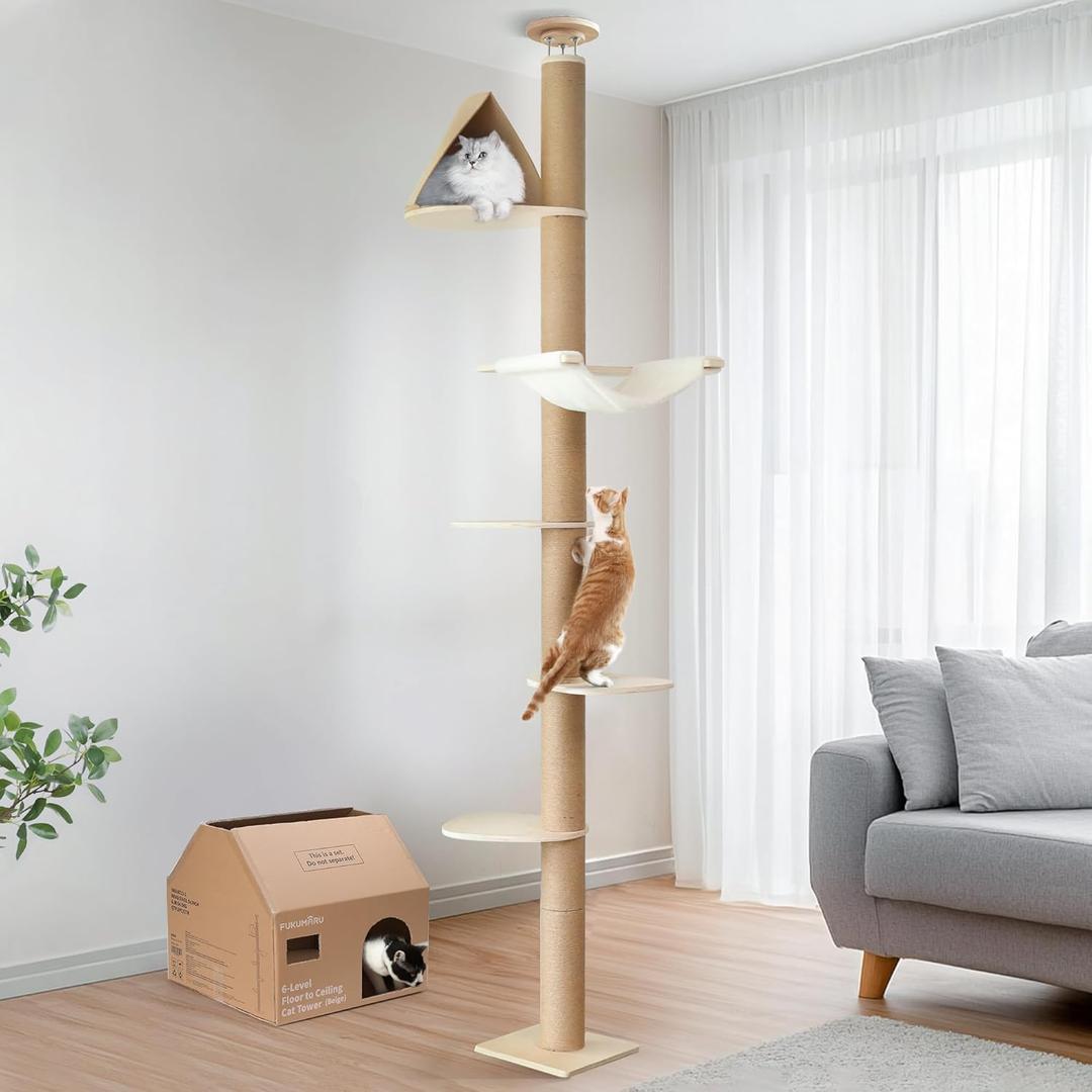 FUKUMARU Floor to Ceiling Cat Tree, 6 Level Adjustable Height (6-10 ft) Climbing Tower with Thickened Scratching Posts, Cats Activity Center with Cozy Hammock - Beige (120 inch)