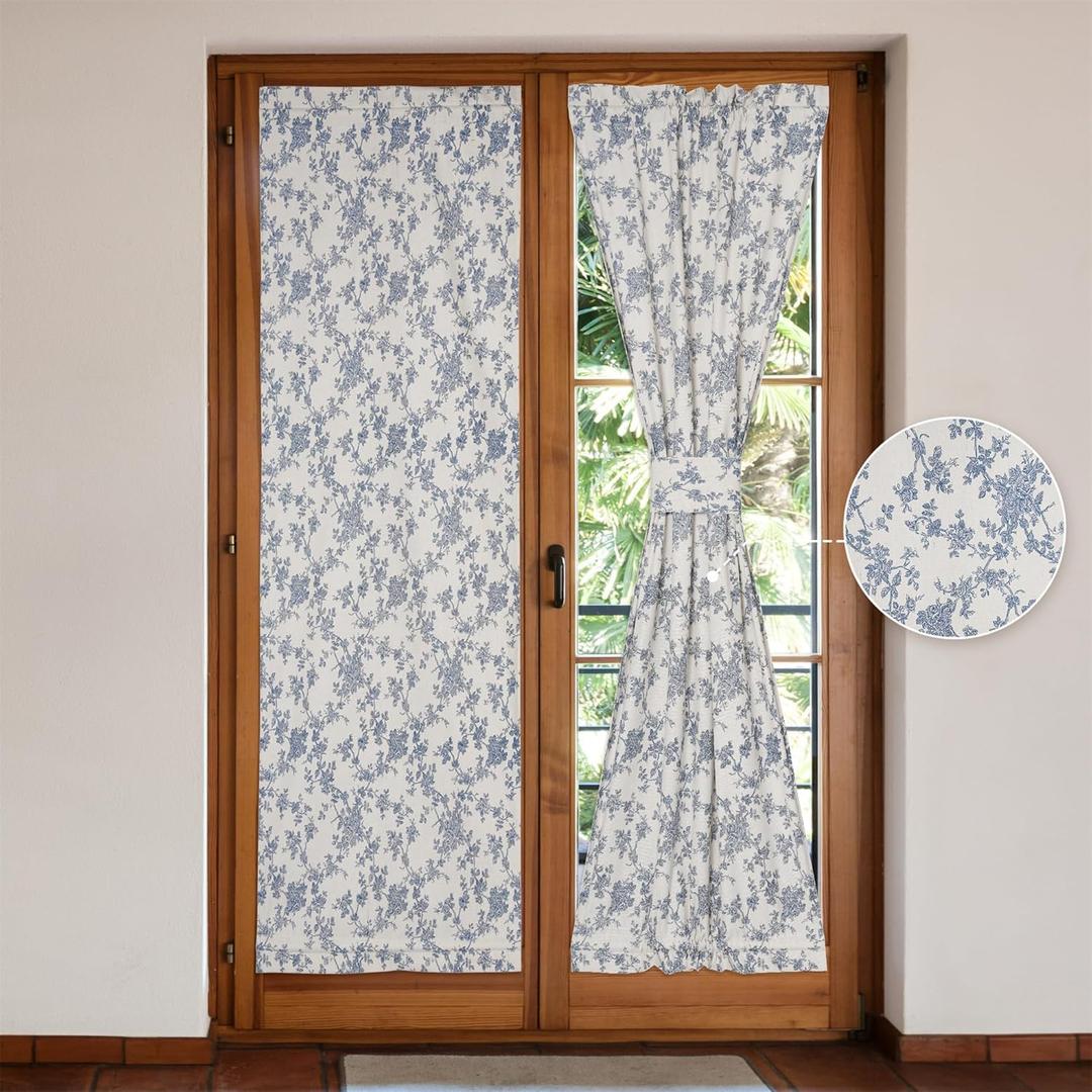 Linen French Door Curtains Set of 2, Elegant Country Style Retro Orchids Front Door Curtain Dual Rod Pocket Tiebacks Included, 25" W x 72" L