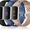 Maledan Compatible with Fitbit Charge 5/ Fitbit Charge 6 Bands Women Men, Breathable Sport Band Soft Waterproof Replacement Wristbands Strap for Fitbit Charge 5/ Charge 6 Advanced Fitness Tracker (Milk Tea/ Black/ Blue Gray)