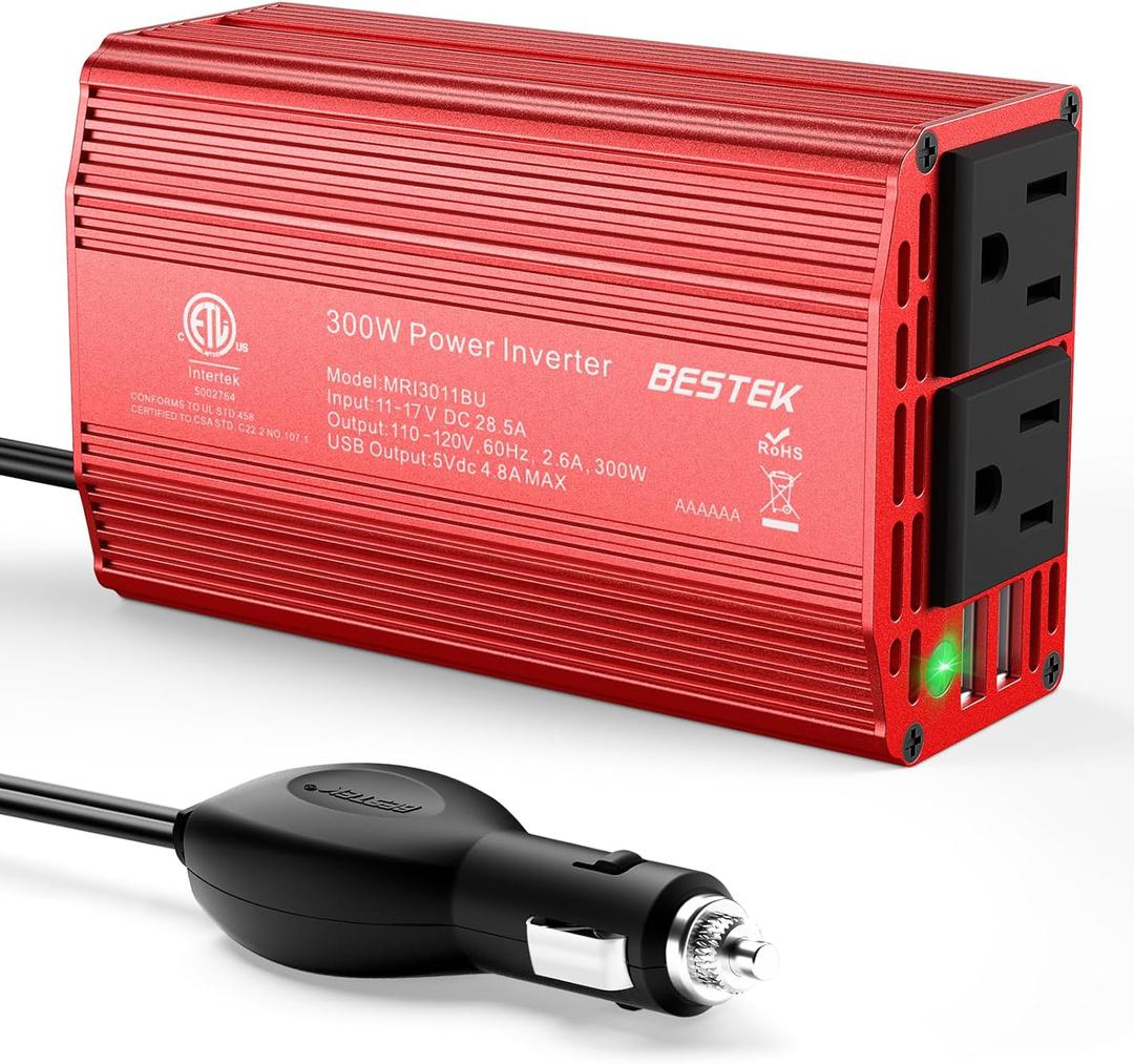 BESTEK Power Inverter DC 12V to AC 110V - 300W Car Plug Adapter Outlet with 4.8A Dual USB Fast Charging Port - Car Charger Cigarette Lighter Adapter for Phone, Laptop on Road Trip - Aluminum Housing BESTEK Power Inverter DC 12V to AC 110V - 300W Car Plug Adapter Outlet with 4.8A Dual USB Fast Charging Port - Car Charger Cigarette Lighter Adapter for Phone, Laptop on Road Trip - Aluminum Housing