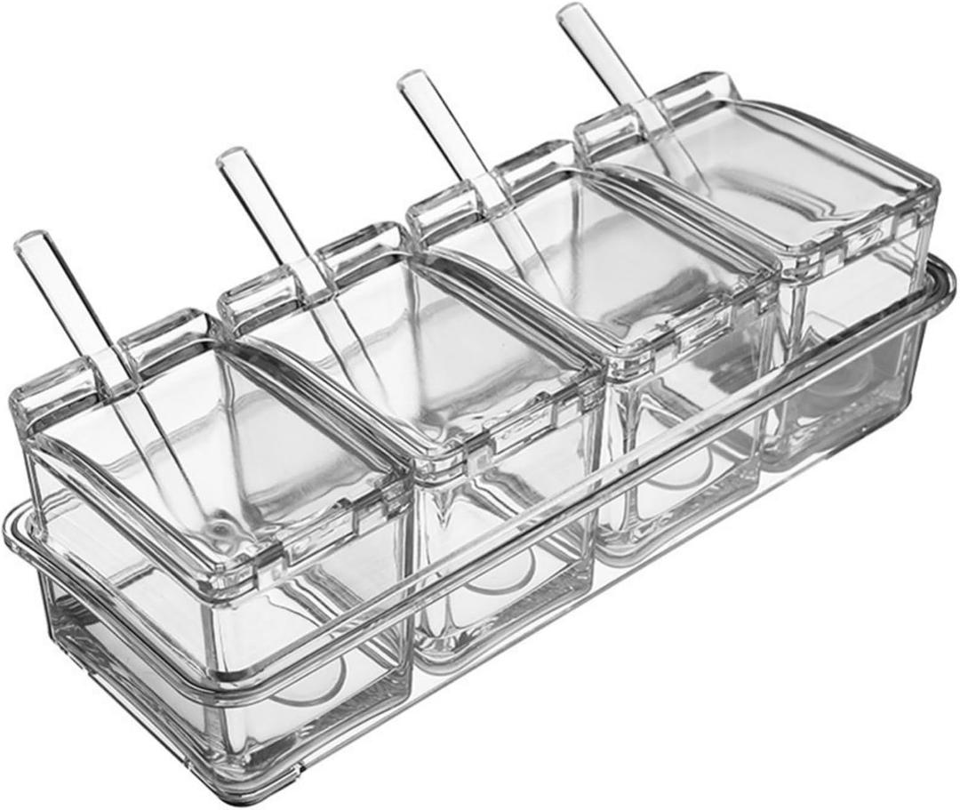 Clear Seasoning Box, 4 Pieces Acrylic Seasoning Rack Spice Jars with Spoons,Storage Container Condiment Jars - Cruet with Cover