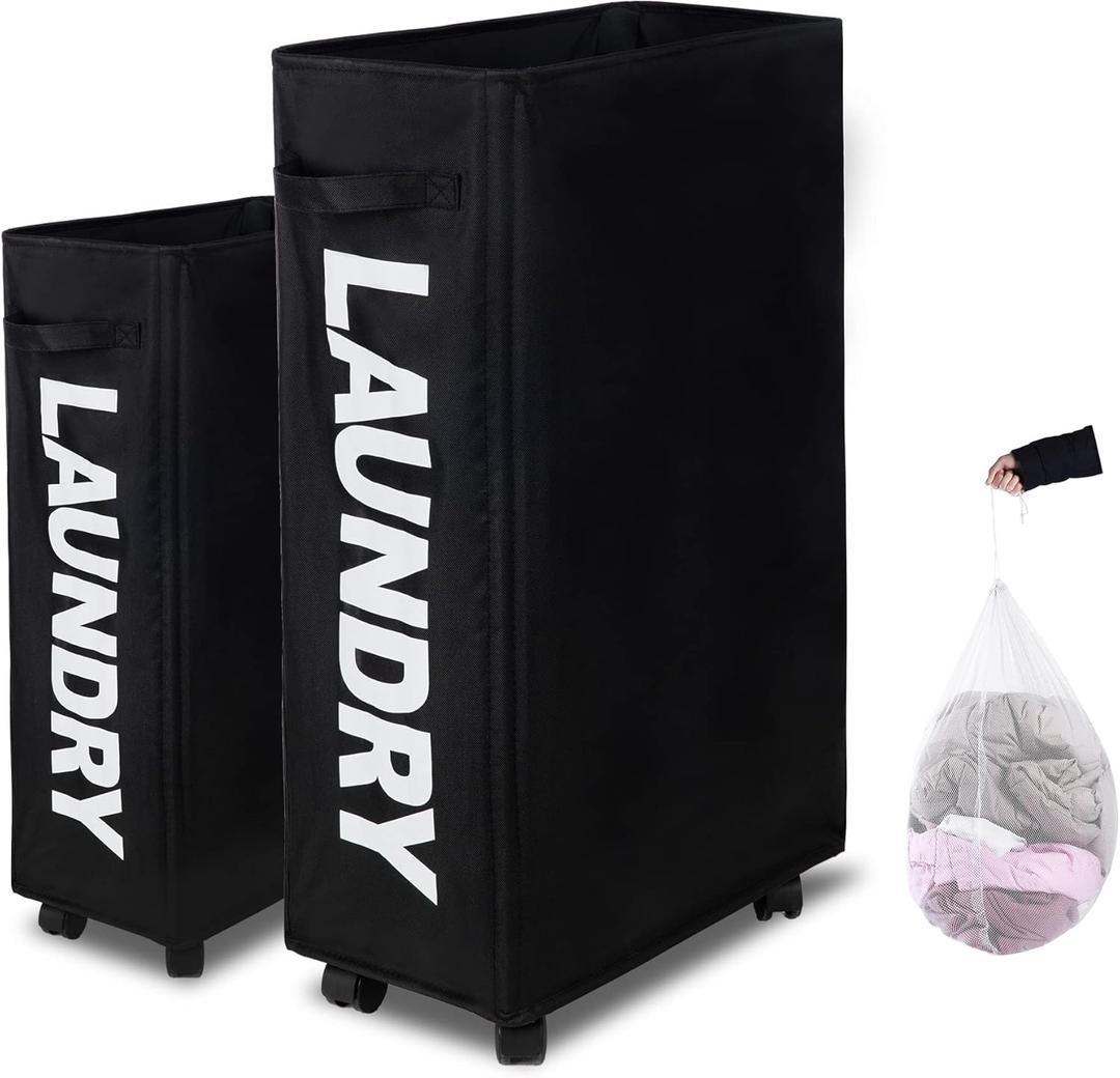 Caroeas Laundry Basket Slim Plus 27.5”, Black Laundry Basket with Wheels, Laundry Hamper with Removable Wash Bag Waterproof Clothes hamper Fabric baskets for laundry