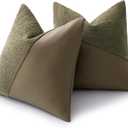 Boucle Throw Pillow Covers 20"x20" Set of 2, Moss Green Decorative Textured Cushion Covers with Faux Leather Patchwork, Boho Farmhouse Accent Pillowcases for Organic Aesthetic Home Decor