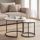 Round Nesting Coffee Table Set of 2, Modern Marble Pattern Wooden Nesting Tables, Stacking Minimalist End Table for Living Room Bedroom Small Space, White and Black