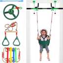 Doorway Swing for Kids & Door Pull Up Bar for Adults, Indoor Kid Swing with 4 Accessories, Multi-Function Doorway Gym, Fits Door Frame 24.41-30.51'' W x 3.94-6.69'' Thickness (Dark green)