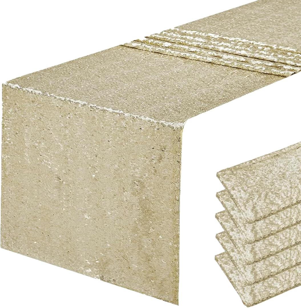 6 Packs 12 x 72 inches Champagne Sequin Table Runner, Glitter Runner for Birthday Party Supplies Decorations Wedding Bachelorette Holiday Celebration Bridal Shower Baby Shower