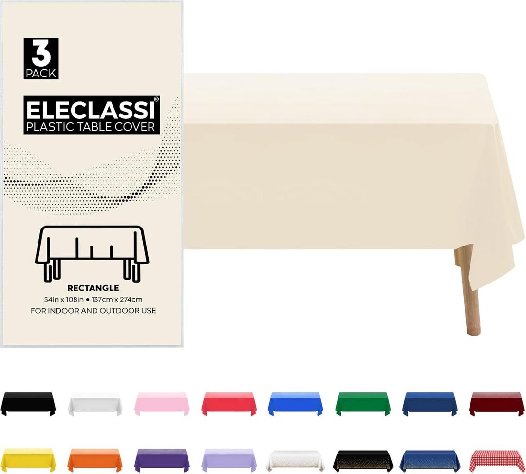 Eleclassi 3 Pack Premium Ivory Plastic Table Cloth Disposable Tablecloth 54 x 108 in - Waterproof Plastic Tablecloths for Rectangle Tables Up to 8 Ft - Party Table Cloths Disposable