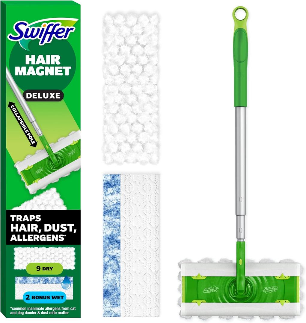 Swiffer Hair Magnet Deluxe Starter Kit with Collapsible Pole, 9 Hair Magnet Dry Cloths, 2 Bonus Mop & Go Wet Cloths pami