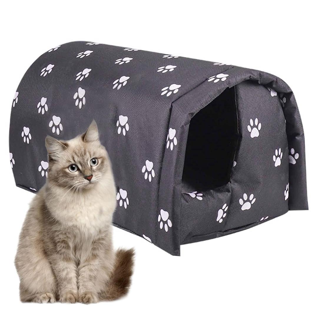 Fhiny Stray Cats Shelter, Waterproof Outdoor Cat House Foldable Warm Pet Cave for Winter Wild Animal Tent Bed AntiSlip Kitten Cave for Feral Cat Dog Puppy Weatherproof Black (L:21.7"×16"×14.5")