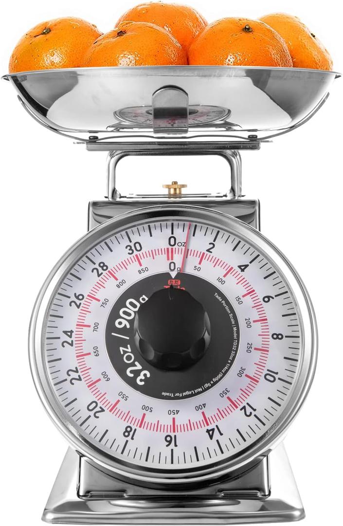 Tada 2 Pound Precise Portions Analog Food Scale 32 Ounces Stainless Steel Mechanical Kitchen Scale Removable Bowl, Tare Function, Retro Style, Kitchen Friendly