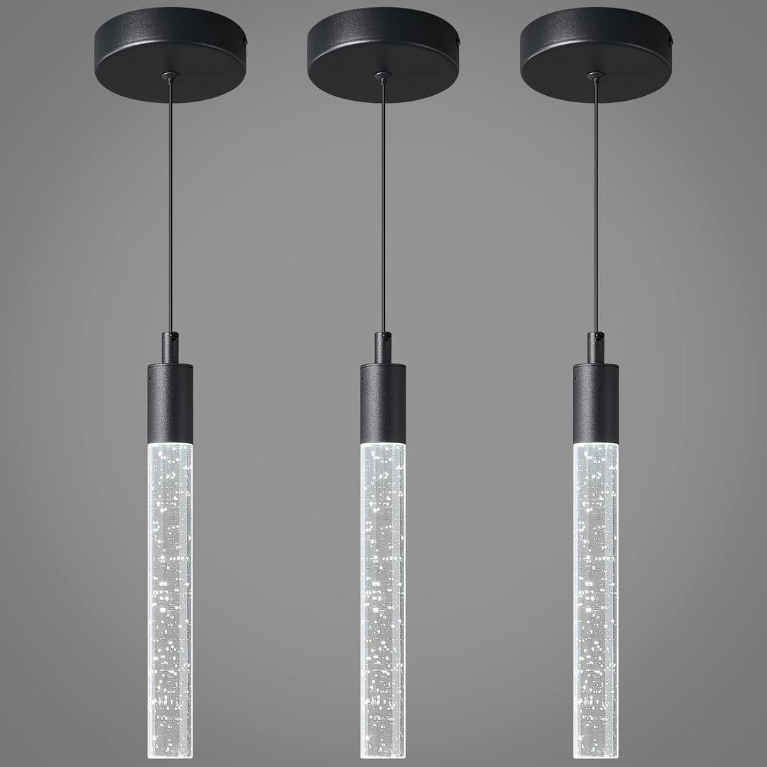 Modern Kitchen Island Pendant Light Dimmable LED Black Finish Mini Crystal Pendant Lighting Bedroom Bedside Table Small Pendant Lights3-Pack