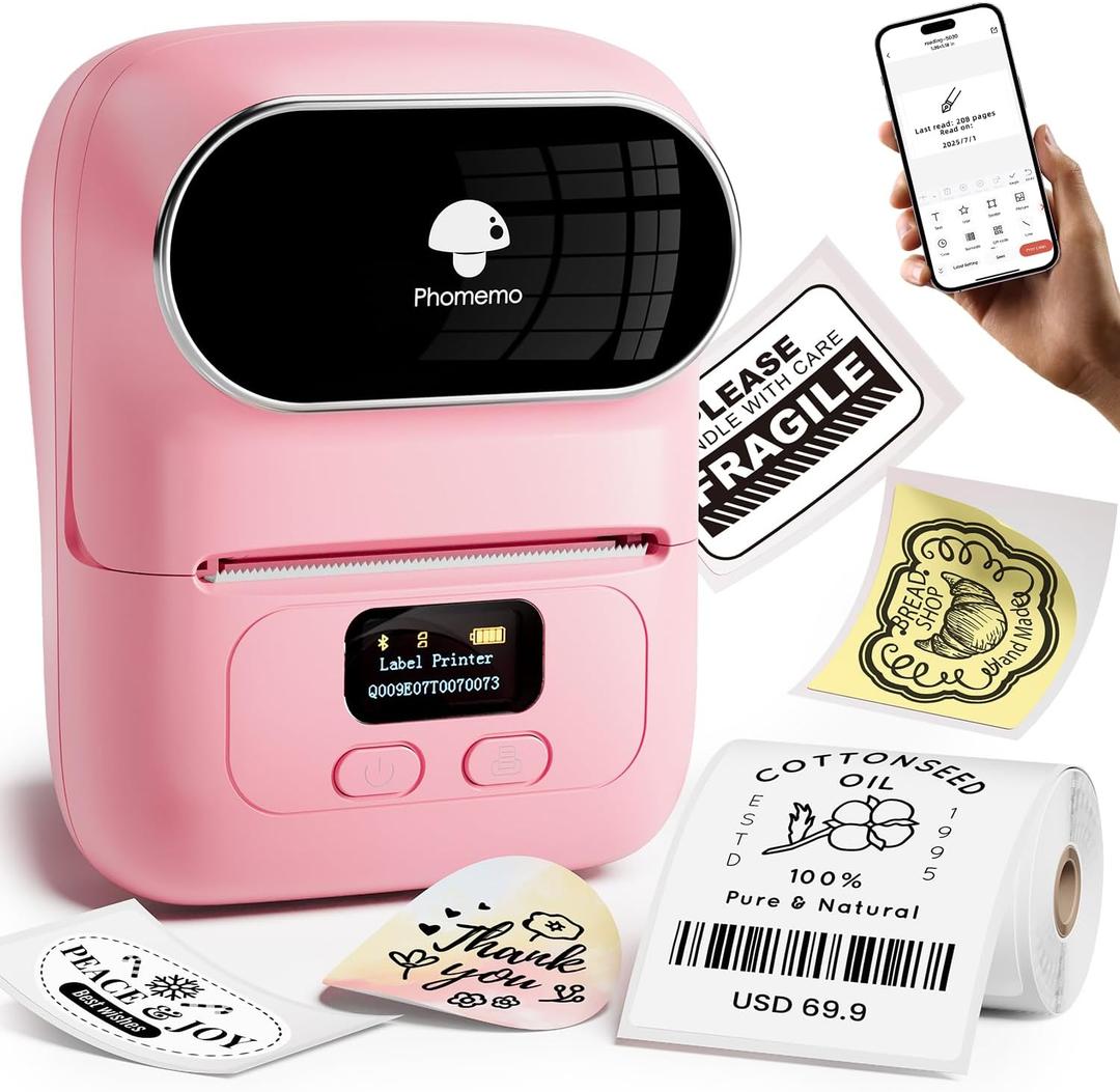 Phomemo M110 Label Maker Machine with Tape Barcode Printer Bluetooth Portable Thermal Printer for Small Business, Address, Logo, Clothing, Mailing, with 100PCS Labels Pink