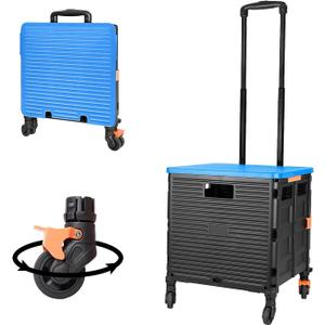 FELICON SELORSS Foldable Utility Cart Folding Portable Rolling Crate Handcart with Heavy Duty Telescoping Handle Collapsible 4 Rotate Wheels for Travel Shopping Move Luggage Office Use(Black+Blue)