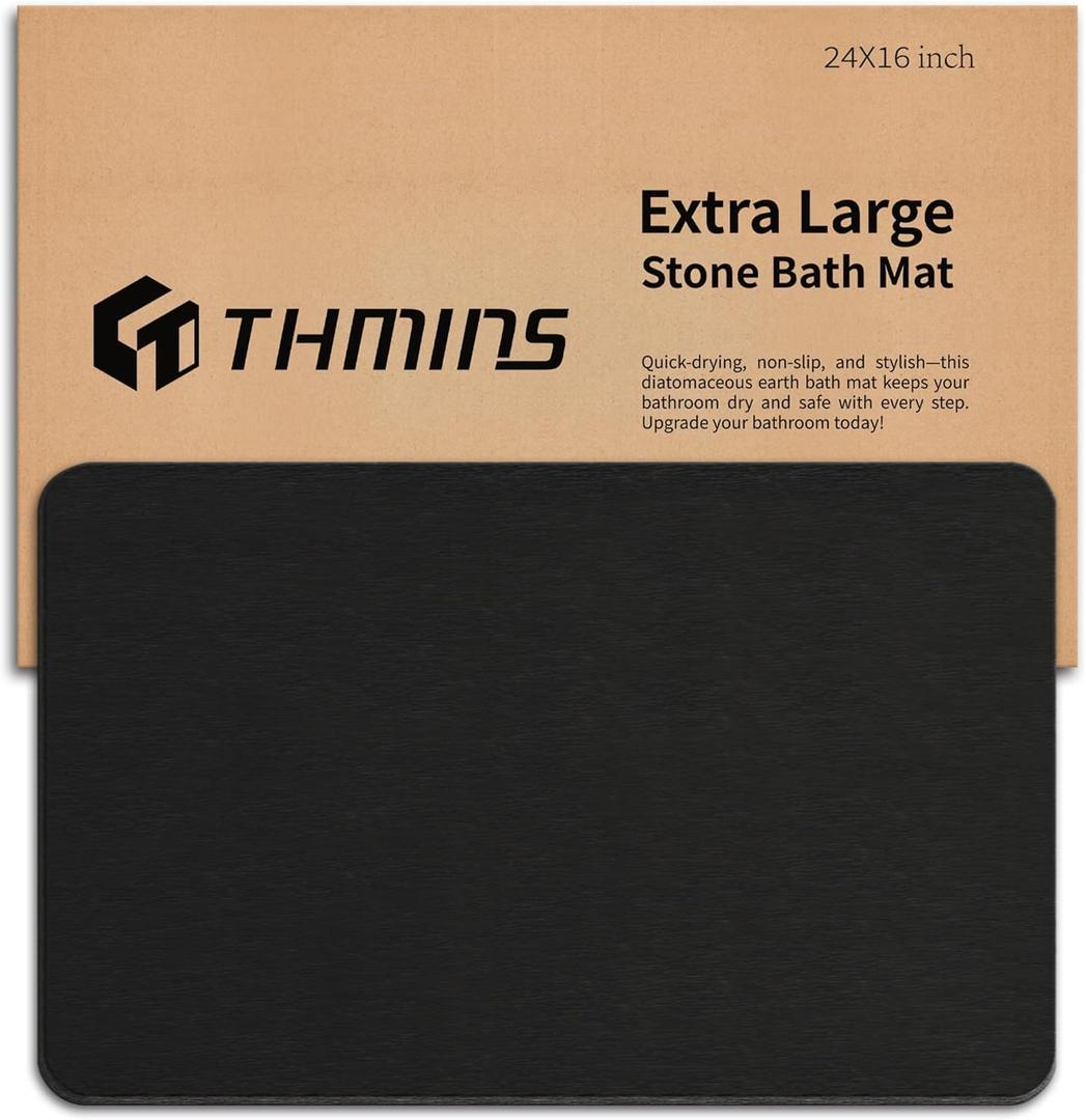 Large Stone Bath Mat, 24''x16'' Non-Slip Diatomaceous Earth Stone Bath Mat, Super Absorbent Quick Drying for Bathroom, Easy to Clean (23.6x15.4'', Black)