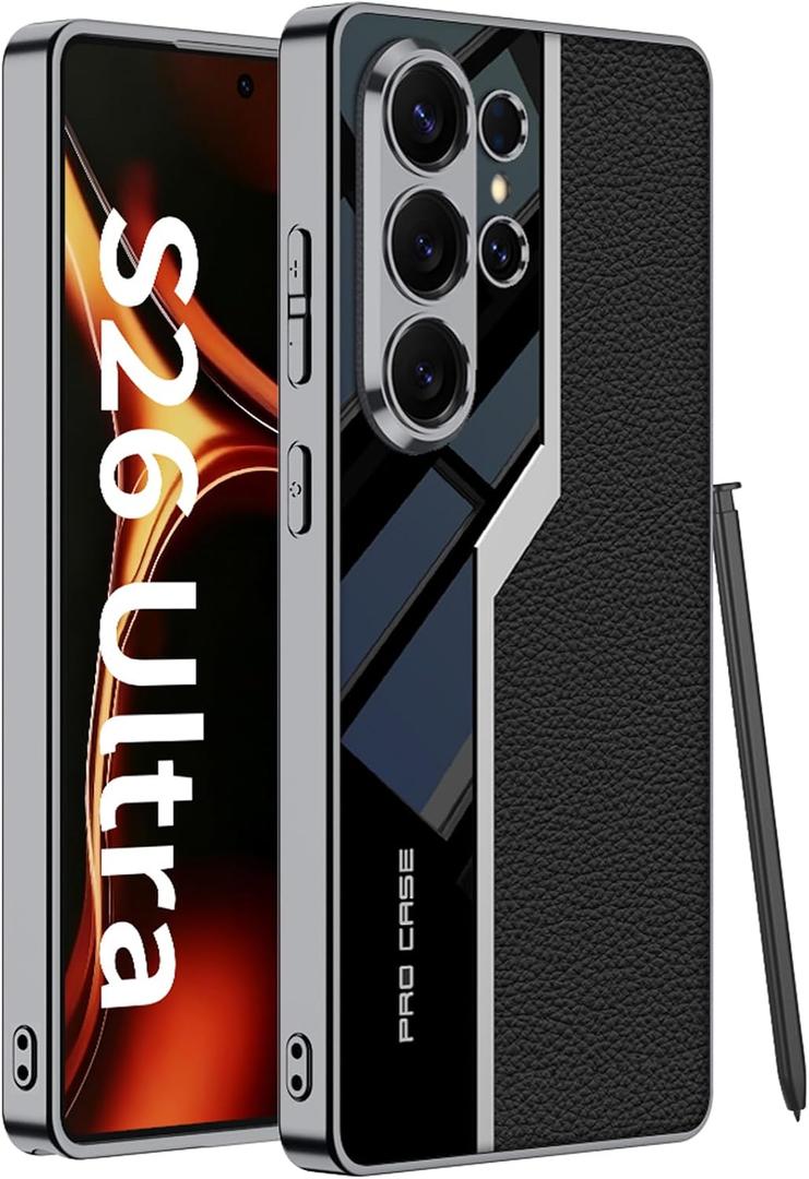 Leather Case for Samsung Galaxy S26 Ultra, Ultra Thin Sports Car Design, Luxury Electroplate Leather with Silicone TPU Protective Shockproof Cover for Samsung Galaxy S26 Ultra (Black)