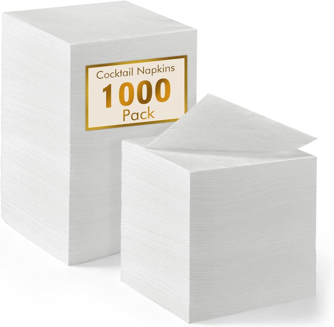 1000 Pack White Cocktail Napkins, Elegant Beverage Napkins, 2-Ply Disposable Paper Napkins 4.9x4.9 inch, Perfect for Restaurant, Bar, Party, Wedding, Dessert Napkins