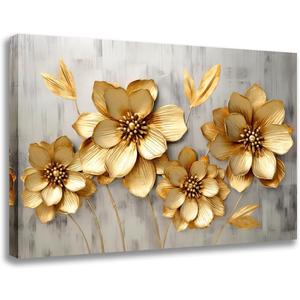 GLOKAKA Gold Metallic Flowers Print Wall Art Elegant Floral Flower Canvas on Grey Background Painting Picture Artwork for Living Room Bedroom Bathroom Decor (Gold Metallic Flowers, 24"x16")