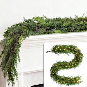 9 Ft Realistic Christmas Garland with 36FT Fairy String Lights, Thick and LushSoft Bendable, Lifelike Cypress Garland for Christmas Decoration, Pine Garlands for Mantle, TV Stand, Archway, Railing