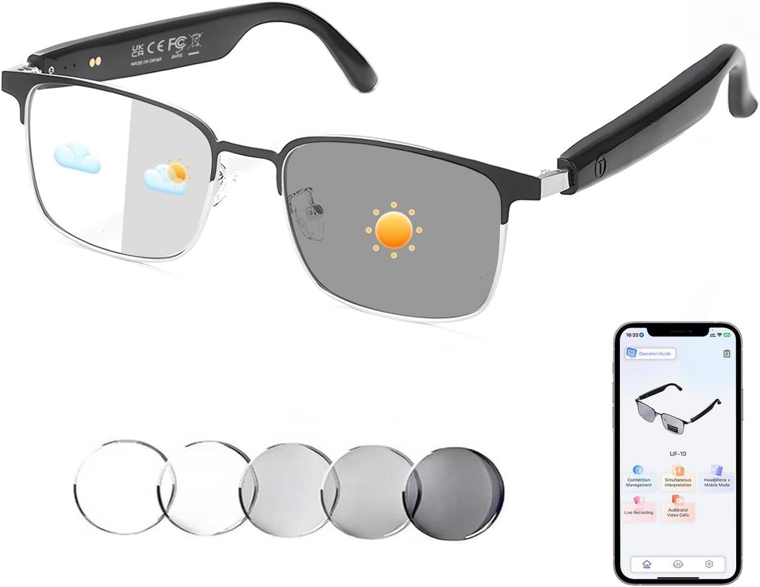 AI Translator Smart Glasses for Men Women, Bluetooth Audio Sunglasses with Photochromic Lenses, Photo Translation, No Subscription, Real-Time Translation(160+Languages) for Travel Business (Silver)