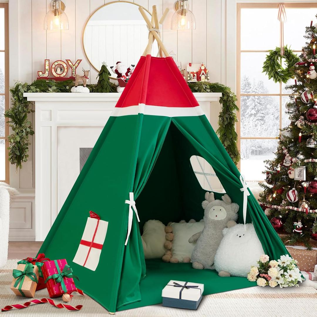 Christmas Tent for Kids with Padded Mat Cotton Canvas Teepee Tent Indoor for Toddlers Kids Play Tent for Girls Boys with Stars Lights, Carry Bag, Banner Flag (Merry Christmas)