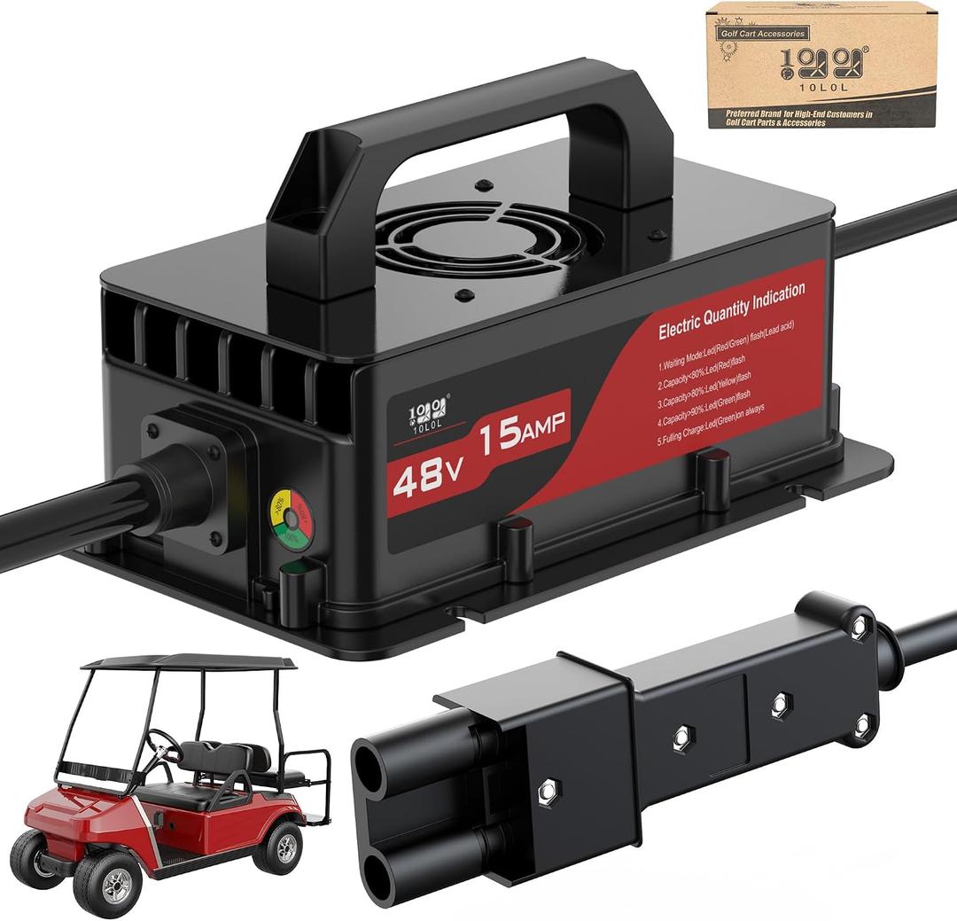 10L0L 15 Amp 48 Volt Golf Cart Battery Charger for Yamaha G19/G22 (1996-2002/2003-2007) Carts 16 FT Cord with Trickle Charge, IP67 Waterproof 2-pin Plug for Lead-Acid Battery (Black)