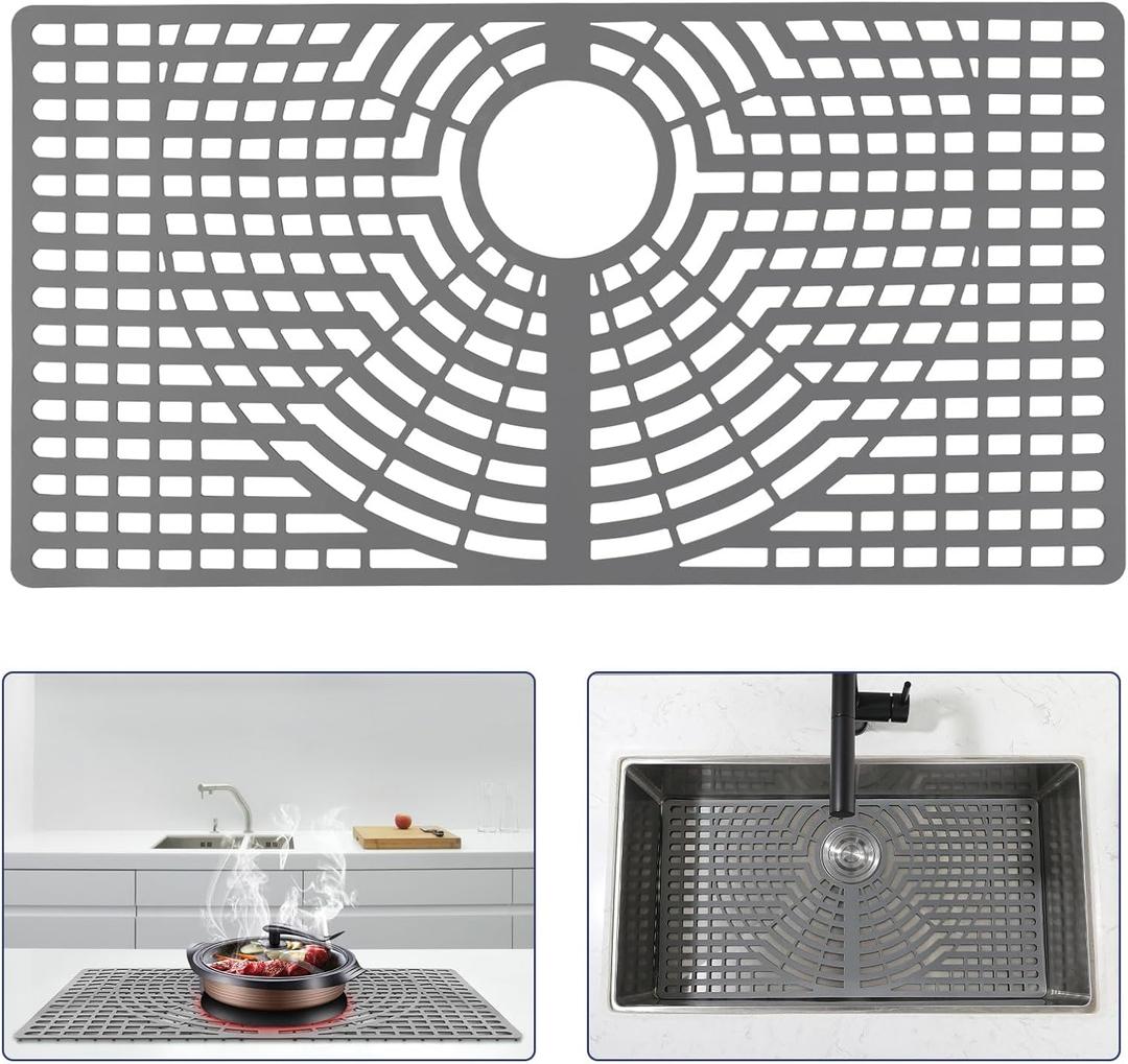 Silicone Sink Protector 30"x16" Rear Drain Hole, Heat Resistant Non-slip Dishwasher Suitable, Large Sink Mat for Bottom of Farmhouse Kitchen Stainless Steel Sinks